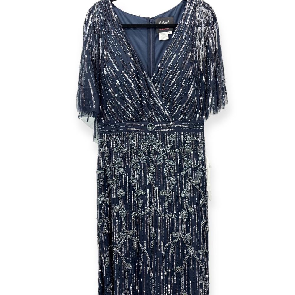 Mac Duggal NEW Navy Embellished Cap Sleeve Faux Wrap Trumpet‎ Gown $698 Size 12 - Picture 4 of 16